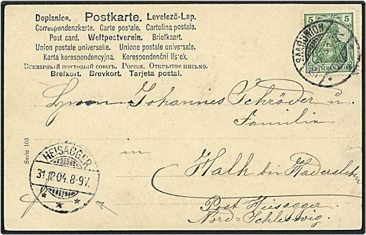 5 pfennig grøn på postkort fra Saarunion, Tyskland, d. 29.12.1904 til Heisagger / Hejsager.