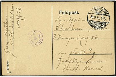 Feltpost kort fra Hadersleben / Haderslev d. 29.9.1916 til Flensborg, Tyskland. UK Hadersleben censur.