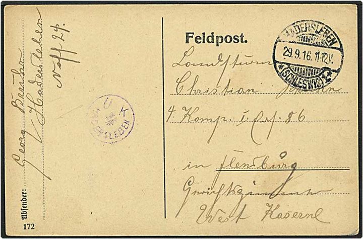 Feltpost kort fra Hadersleben / Haderslev d. 29.9.1916 til Flensborg, Tyskland. UK Hadersleben censur.
