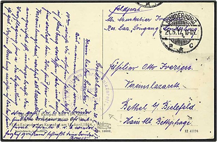 Feltpost postkort fra Sonderburg / Sønderborg d. 21.5.1917 til Bielefeld, Tyskland. Sønderborg lazaretstempel.