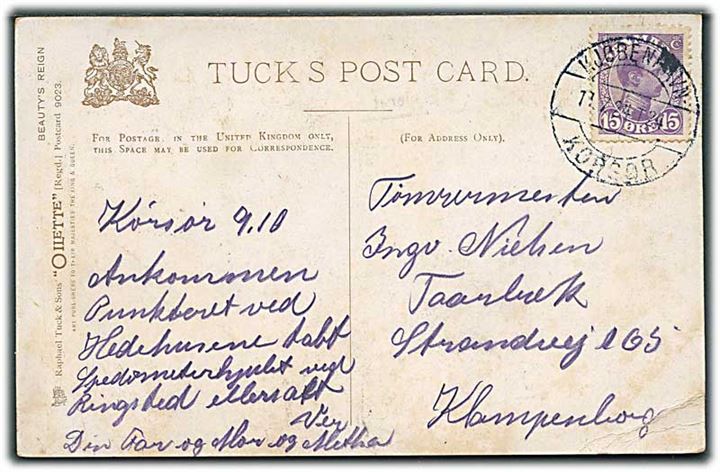15 øre Chr. X på brevkort fra Korsør annulleret med bureaustempel Kjøbenhavn - Korsør T.24 d. 11.7.1924 til Klampenborg.