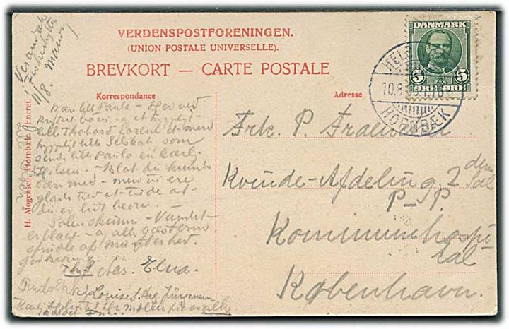 5 øre Fr. VIII på brevkort fra Hornbæk (Parti fra havnen) annulleret med bureaustempel Helsingør - Hornbæk T.16 d. 10.8.1908 til København.