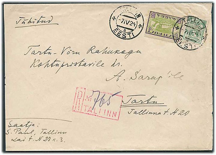 3 mk. Syerske og 15 mk. Vikingeskib på anbefalet brev fra Tallinn d. 7.4.1924 til Tartu.