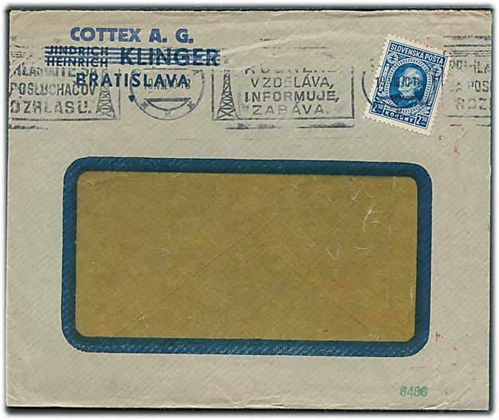 Slovakiet. 2,50 kr. Hlinka single på rudekuvert fra Bratislava d. 19.8.1940. Åbnet af tysk censur i Wien.