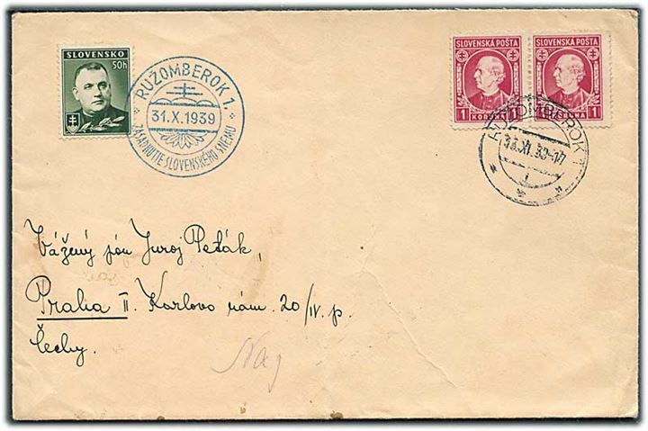 Slovakiet. 50 h. Tiso annulleret med blåt særstempel i Ruzomberok d. 31.10.1939 og 1 kr. Hlinka i parstykke stemplet Ruzomberok d. 13.11.1939 på brev til Prag.