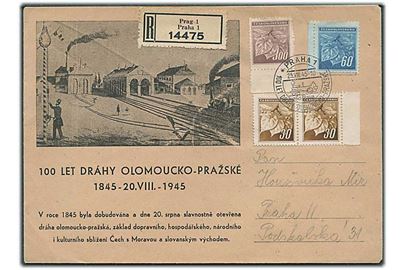 4,20 kr. på illustreret jernbanejubilæum kuvert sendt anbefalet og annulleret med særstempel i Prag d. 25.8.1945. 