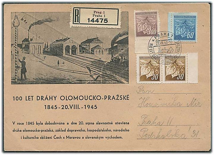 4,20 kr. på illustreret jernbanejubilæum kuvert sendt anbefalet og annulleret med særstempel i Prag d. 25.8.1945. 