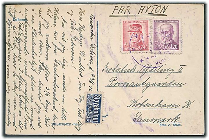 1,20 kr. Maseryk og 2,40 kr. Stefanik på luftpost brevkort annulleret med svagt stempel d. 26.6.1946 til København, Danmark.