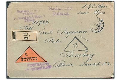 Böhmen-Mähren. Ufrankeret anbefalet brev med opkrævning fra Prag d. 13.4.1942 til Flensburg, Tyskland.