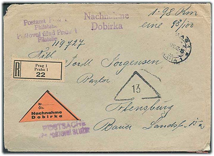Böhmen-Mähren. Ufrankeret anbefalet brev med opkrævning fra Prag d. 13.4.1942 til Flensburg, Tyskland.