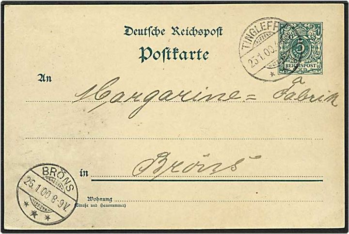 5 pfennig grøn enkeltbrevkort fra Tingleff / Tinglev d. 25.1.1900 til Brøns.