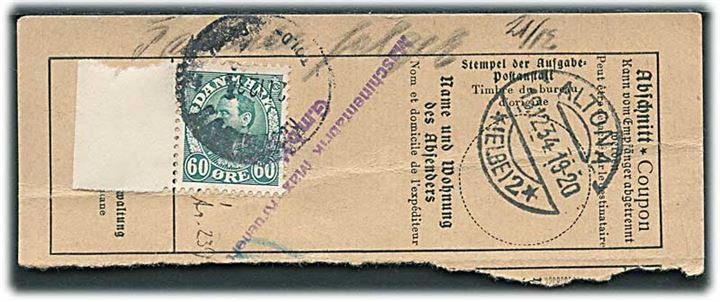 60 øre Chr. X stemplet Kjøbenhavn Told-Postk. d. 21.12.1934 på talon fra tysk adressekort for pakke fra Altona d. 18.12.1934.
