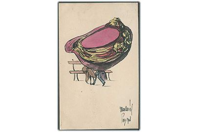 Max Aurel, Paris 1908: Par sidder på bænken, dækket af en stor hat. B. K. W. I. no. 687-3. 