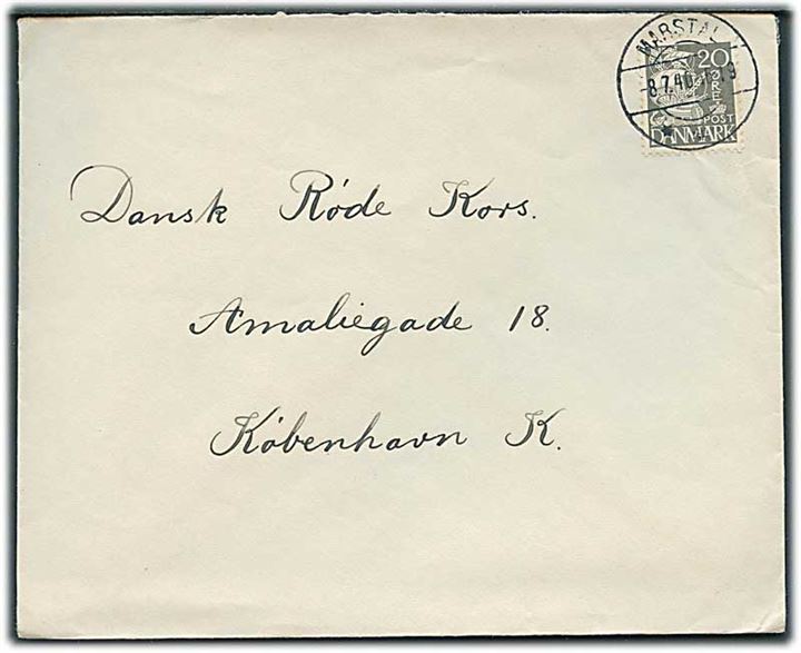 20 øre Karavel på brev fra Marstal d. 8.7.1940 til Dansk Røde Kors i København. Har muligvis indeholdt et Røde Kors formular brev. 