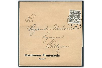 8 øre Bølgelinie single på korsbånd med Ren tryksag fra Korsør d. 5.3.1953 til Halkjær.