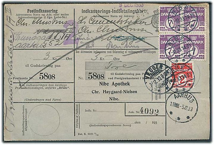 2 øre Bogtryk og 7 øre Stålstik (fireblok) Bølgelinie på retur Indkasserings-Indbetalingskort fra Nibe d. 1.12.1933 til Vægger - eftersendt til Aarhus og retur.