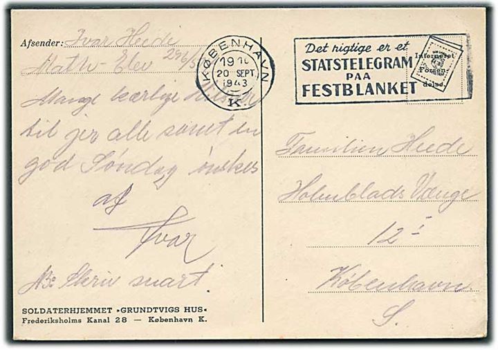 Ufrankeret fortrykt Interneret Forsendelse brevkort sendt lokalt i København d. 20.9.1943. Fra interneret marinesoldat på Holmen.