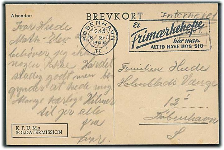 Ufrankeret interneret forsendelse brevkort sendt lokalt i København d. 8.9.1943. Fra interneret marinesoldat på Holmen.