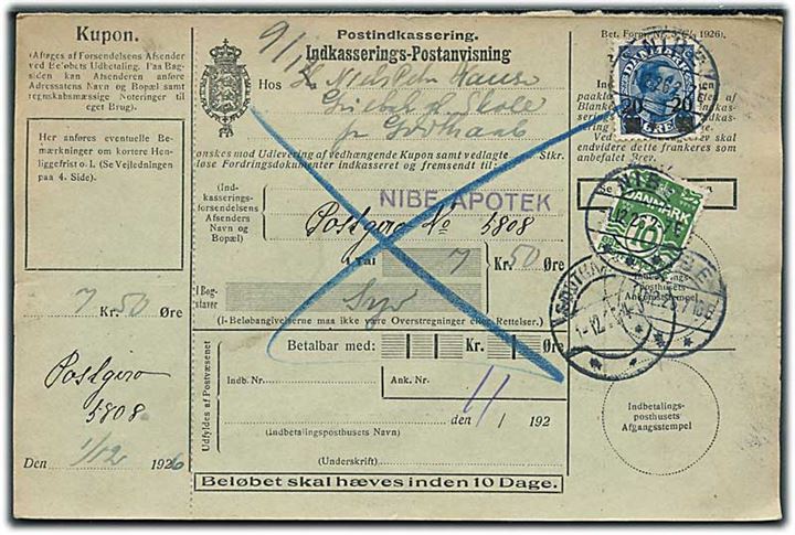 10 øre Bølgelinie og 20/40 øre Provisorium på retur Indkasserings-Postanvisning fra Nibe d. 1.12.1926 til Godthaab St.