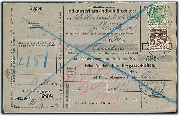 5 øre Bølgelinie og 25 øre Chr. X på retur Indkasserings-Indbetalingskort fra Nibe d. 21.3.1927 til Halkjær.