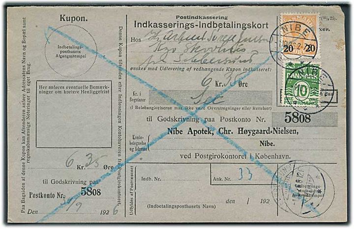 10 øre Bølgelinie og 20/30 øre Provisorium på retur Indkasserings-Indbetalingskort fra Nibe d. 1.10.1926 til Sebbersund.
