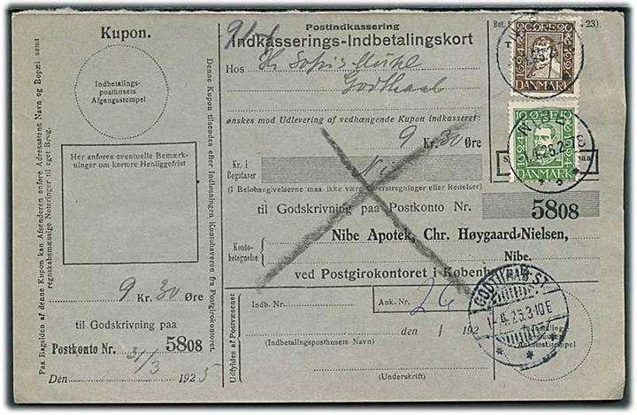 10 øre Chr. X og 20 øre Chr. IV Postjubilæum på retur Indkasserings-Indbetalingskort fra Nibe d. 1.4.1925 til Godthaab St.