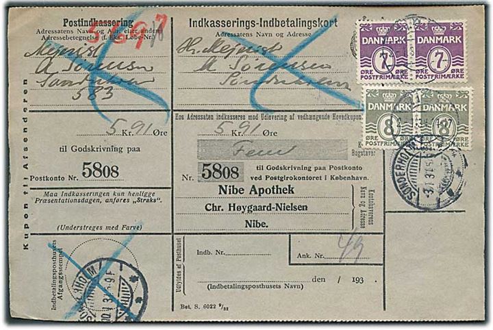 7 øre og 8 øre Bølgelinie i to parstykker på retur Indkasserings-Indbetalingskort fra Nibe d. 2.1.1934 til Sønderholm.