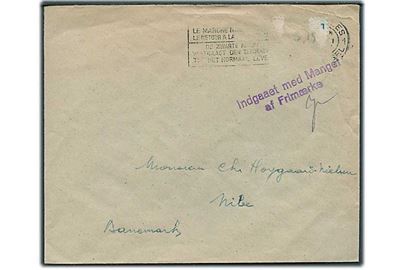 Belgisk brev med affaldet frimærke stemplet Indgaaet med Mangel af Frimærke til Nibe, Danmark.