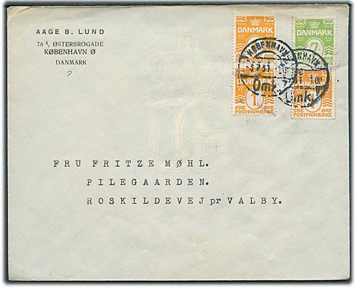 1 øre Bølgelinie (par), samt 1 øre og 7 øre Bølgelinie i lodret sammentryk fra hæfte på brev fra København d. 3.7.1931 til København.