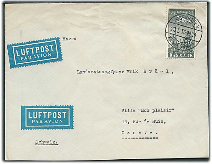 50 øre Luftpost single på luftpostbrev annulleret med brotype IId København V. Vesterport d. 23.5.1936 til Geneve, Schweiz. 