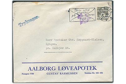 8 øre Bølgelinie single på Ren Tryksag fra Aalborg d. 21.5.1953 til Halkjær St. Violet tryksagskontrol stempel.