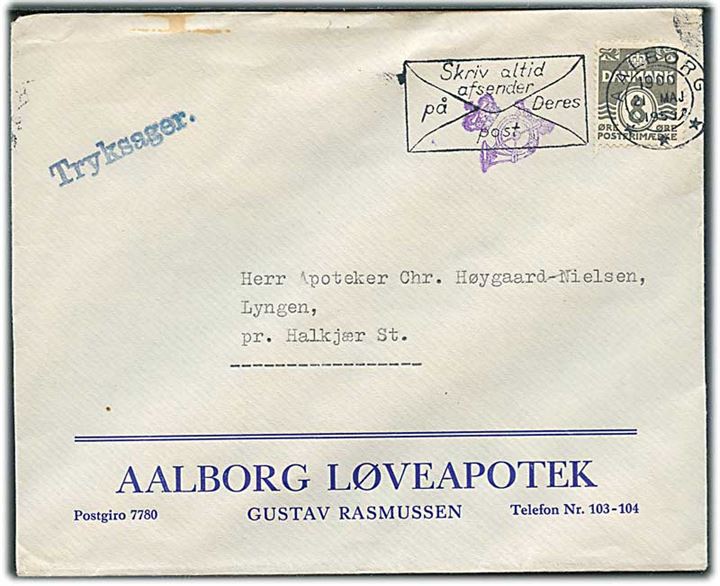 8 øre Bølgelinie single på Ren Tryksag fra Aalborg d. 21.5.1953 til Halkjær St. Violet tryksagskontrol stempel.