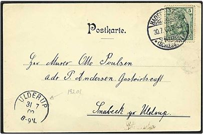 5 pfennig grøn på postkort fra Hadersleben / Haderslev. d. 30.7.1902 til Ulderup / Ullerup.
