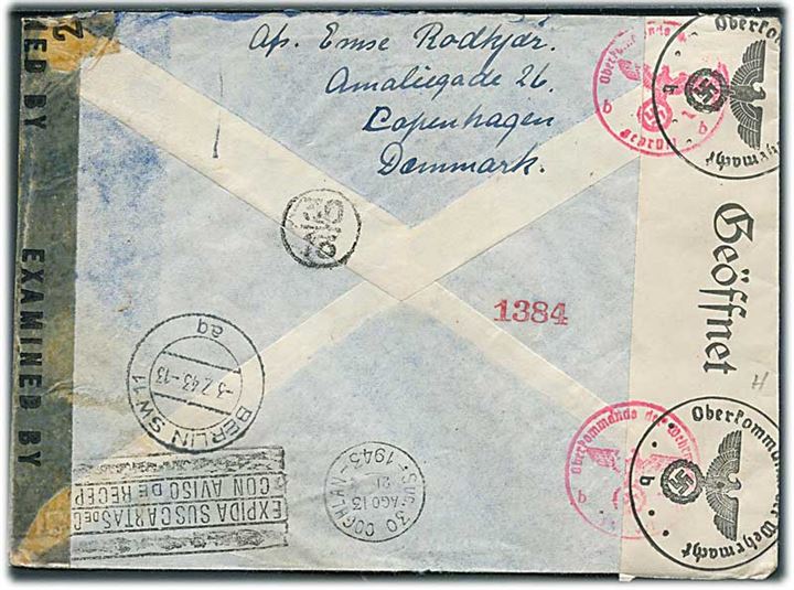 20 øre og 2 kr. Chr. X på luftpostbrev fra København d. 2.7.1942 til Buenos Aires, Argentina. Åbnet af både tysk og amerikansk censur.