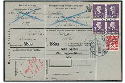 2 øre Bogtryk Bølgelinie og 7 øre H.C.Andersen i fireblok på retur Indkasserings-Indbetalingskort fra Nibe d. 2.10.1935 til Sebbersund.