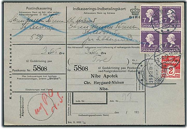 2 øre Bogtryk Bølgelinie og 7 øre H.C.Andersen i fireblok på retur Indkasserings-Indbetalingskort fra Nibe d. 2.10.1935 til Sebbersund.