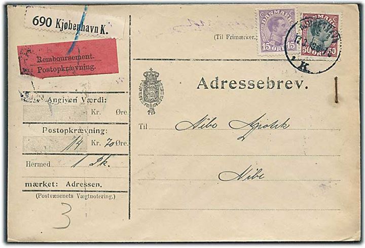 15 øre og 50 øre Chr. X på adressebrev for pakke med opkrævning fra Kjøbenhavn d. 17.3.1919 til Nibe.