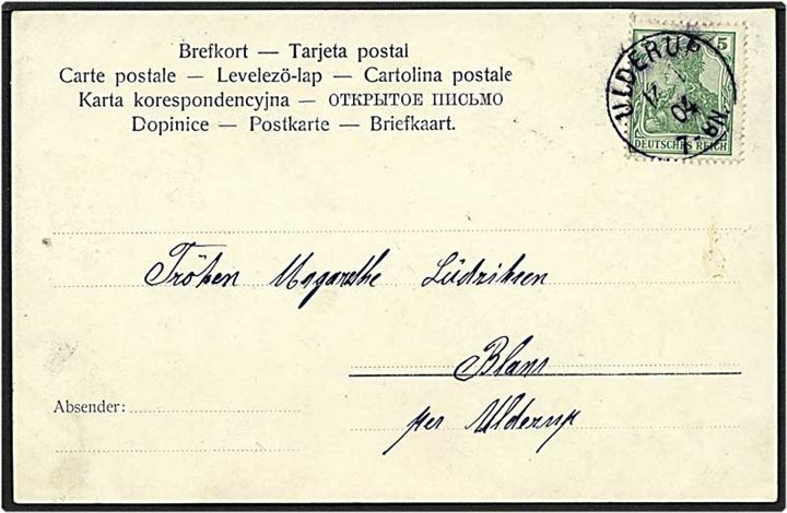 5 pfennig grøn på postkort fra Ulderup / Ullerup d. 13.x.1904 til Blans.