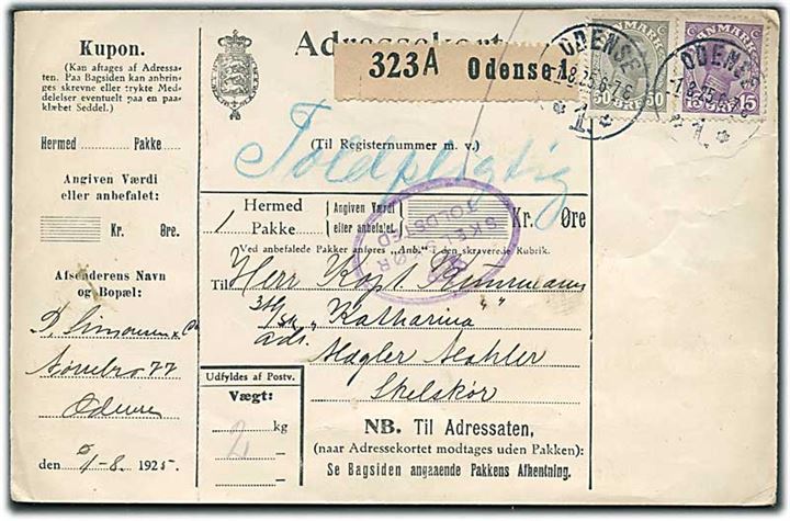 15 øre og 50 øre Chr. X på adressekort for pakke fra Odense d. 1.8.1925 til 3m/sk Katharina i Skelskør. Påskrevet Toldpligtig.