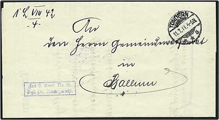 Tjenestebrev fra Tondern / Tønder d. 11.7.1911 til Ballum.