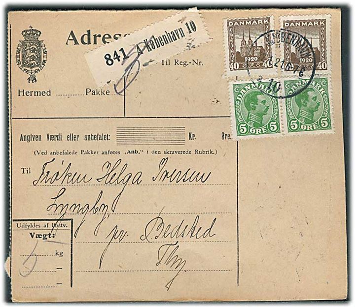 5 øre Chr. X i parstykke og 40 øre Genforening (2) på adressekort for pakke fra Kjøbenhavn d. 12.1.1921 til Bedsted.