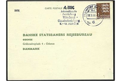1 kr. brun rigsvåben på svarkort sendt fra Frankfurt am Main, Tyskland, d. 18.3.1968 til Odense.