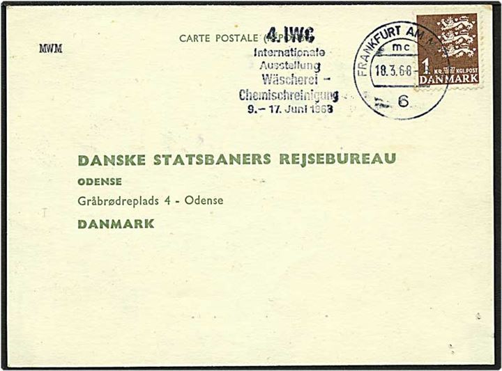 1 kr. brun rigsvåben på svarkort sendt fra Frankfurt am Main, Tyskland, d. 18.3.1968 til Odense.