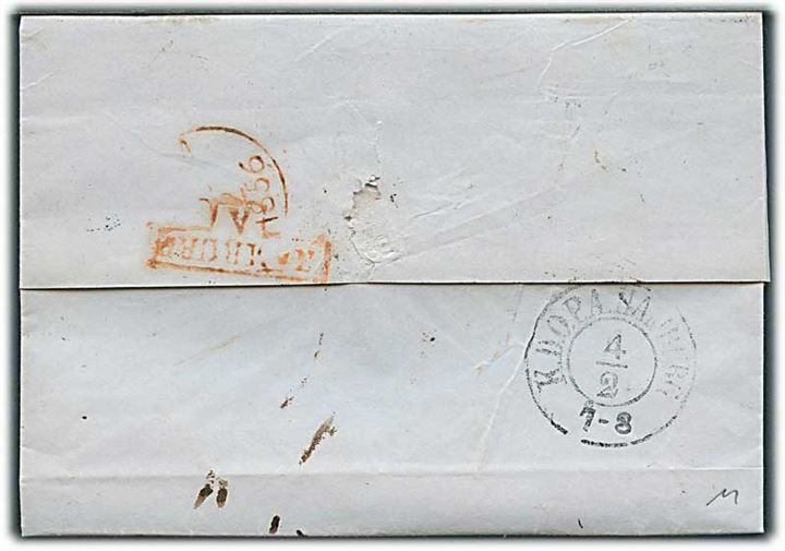 1856. Portobrev med antiqua Nibe d. 2.2.1856 via K.D.O.P.A. Hamburg til Arnhem, Holland. Flere stempler og portopåtegninger.