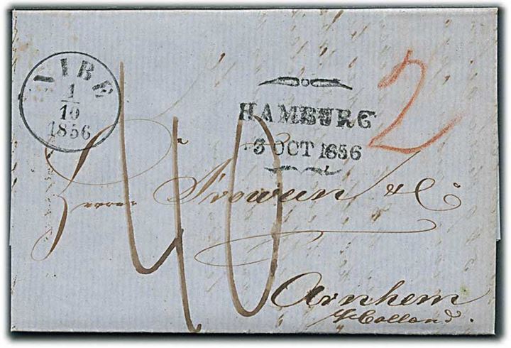 1856. Portobrev med antiqua Nibe d. 1.10.1856 via K.D.O.P.A. Hamburg til Arnhem, Holland. Flere stempler og portopåtegninger.