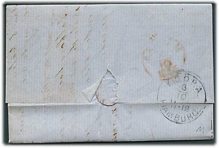 1856. Portobrev med antiqua Nibe d. 1.10.1856 via K.D.O.P.A. Hamburg til Arnhem, Holland. Flere stempler og portopåtegninger.