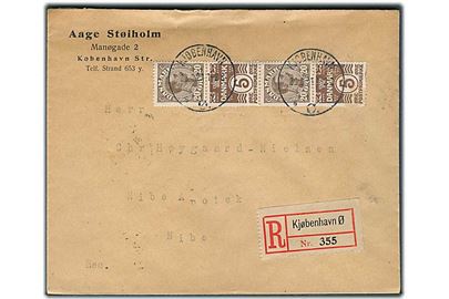 20 øre Chr. X og 5 øre Bølgelinie i lodret automatsammentryk 4-stribe på anbefalet brev fra Kjøbenhavn d. 29.6.1924 til Nibe.