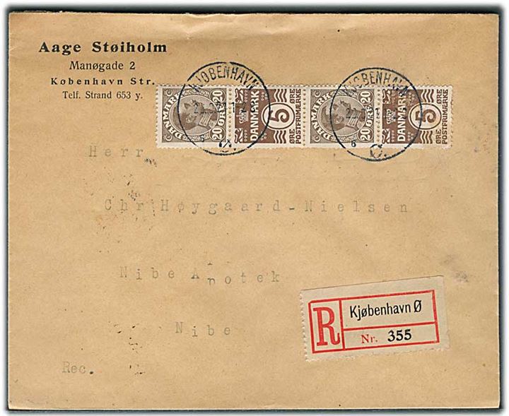 20 øre Chr. X og 5 øre Bølgelinie i lodret automatsammentryk 4-stribe på anbefalet brev fra Kjøbenhavn d. 29.6.1924 til Nibe.