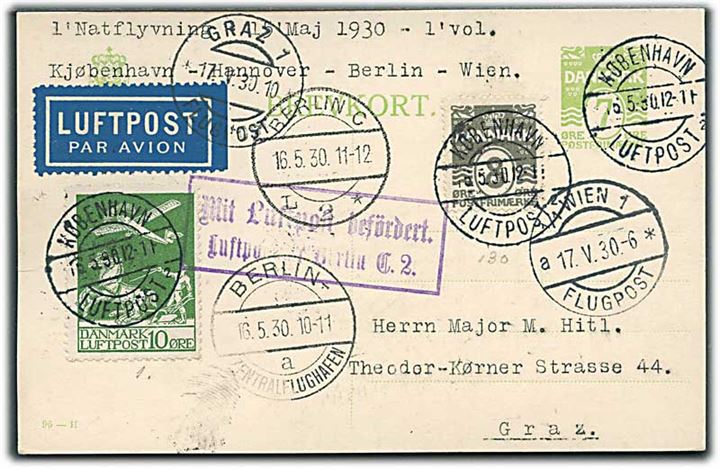 7 øre helsagsbrevkort (fabr. 95-H) opfrankeret med 8 øre Bølgelinie og 10 øre Luftpost sendt som luftpost fra København Luftpost sn2 d. 16.5.1930 via Berlin og Wien til Graz, Østrig.