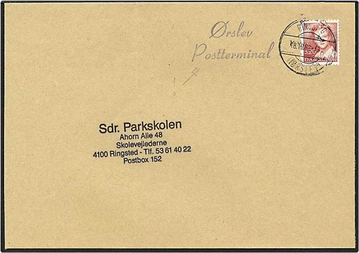 3,20 kr. rød Dr. Margrethe på brev fra Ørslev d. 18.10.1982 til Ringsted. Ørslev Postterminal liniestempel.
